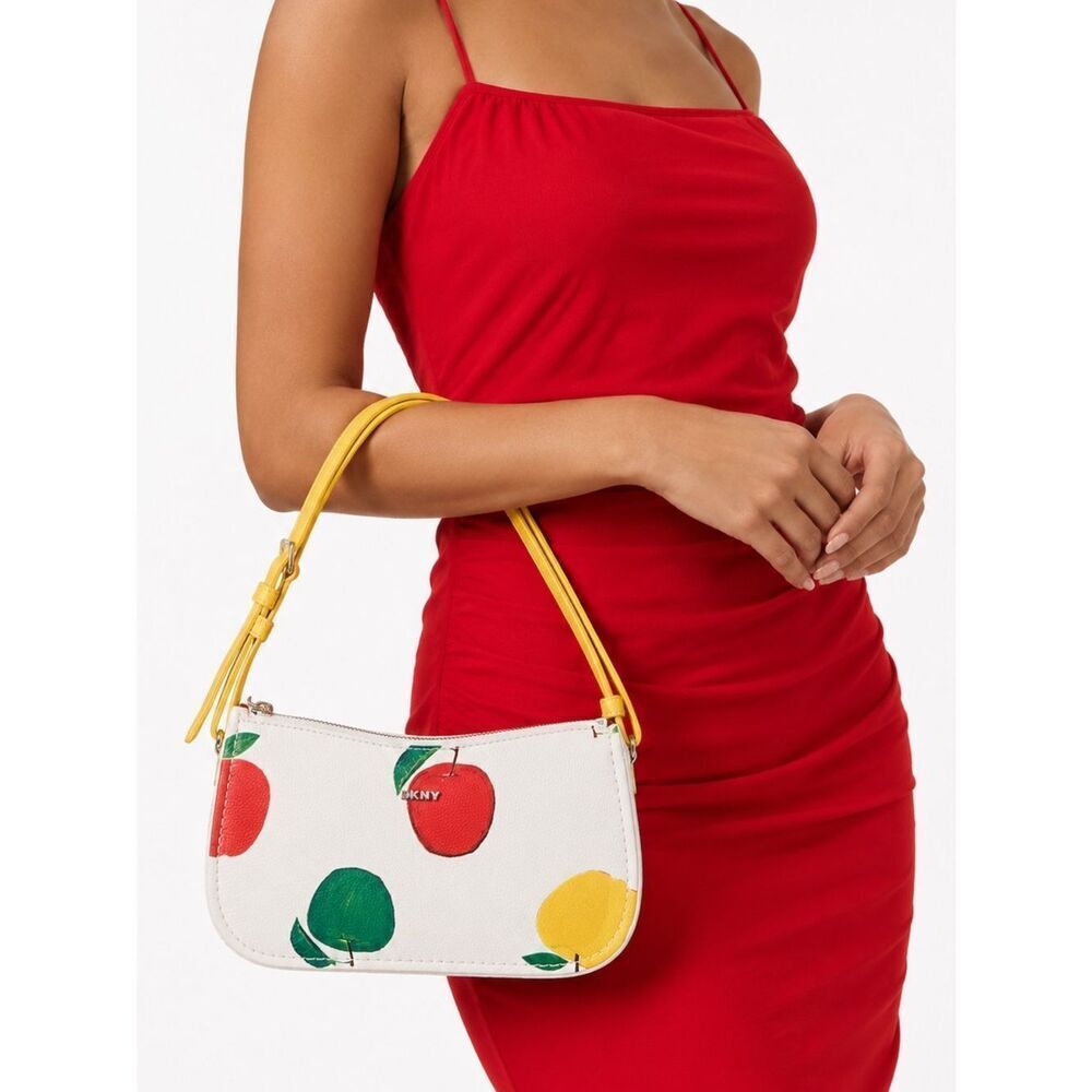 DKNY Cream Shoulder Bag with Yellow Handles and Multicolor Apple Print